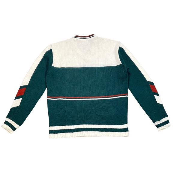 Vintage Pro Action Knit V Neck Sweater By Campus 70s Cream Green Red - Picture 2 of 5